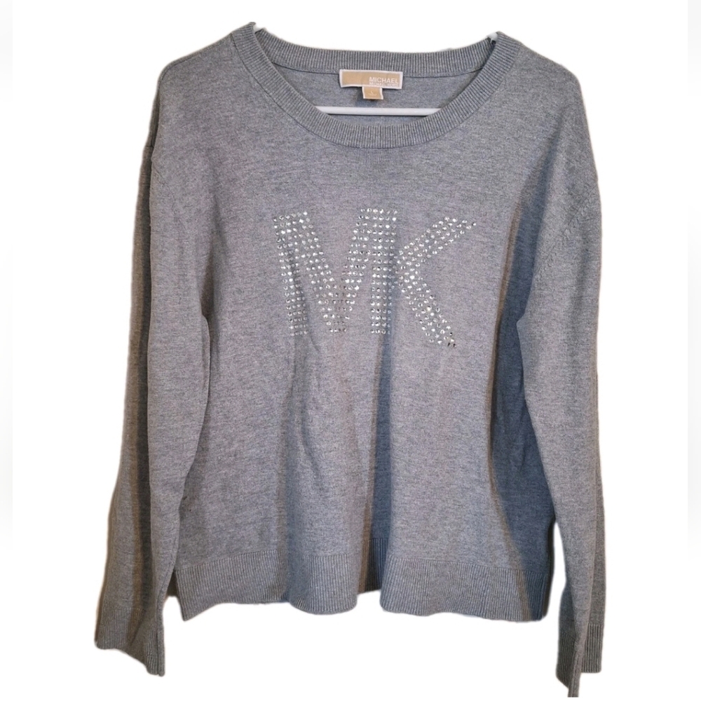 Michael Kors Women's Silver Studded MK Logo Sweatshirt Heather Gray Size Large